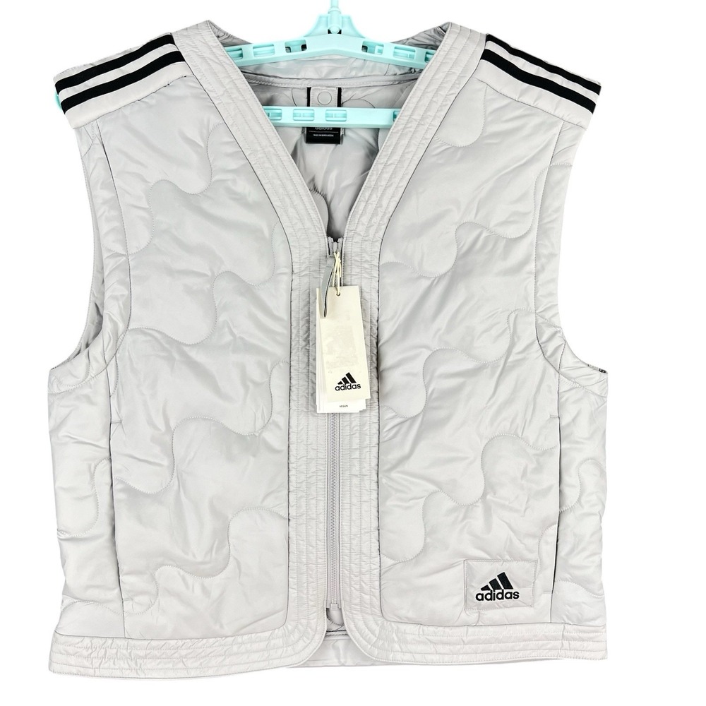 Adidas Men's Nuganic Insulated V-Neck Vest Jacket XS Grey Wavy Quilted Zip NWT